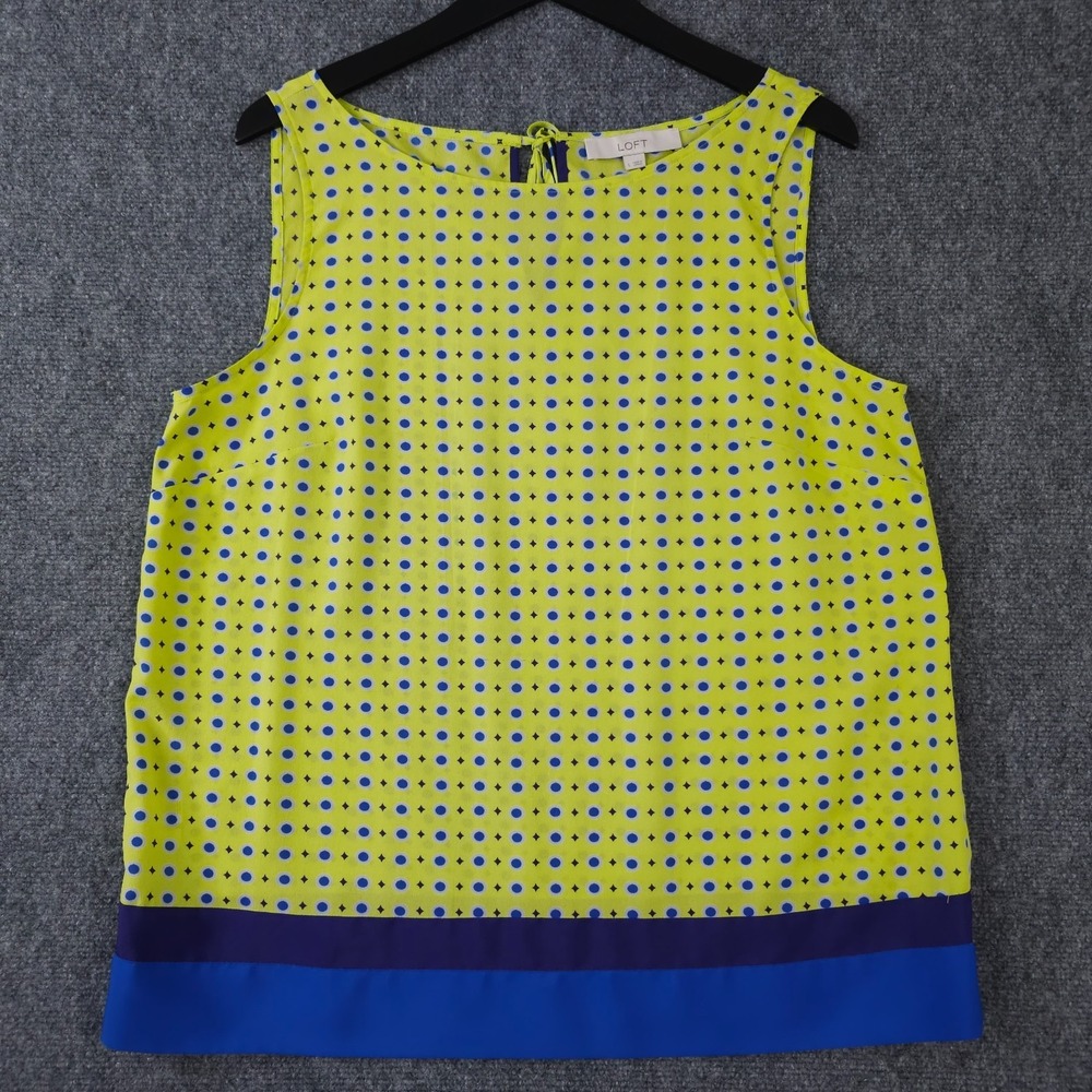 Ann Taylor LOFT Shirt Womens L Neon Green Blue Geo Dot Tie Back Sleeveless Top